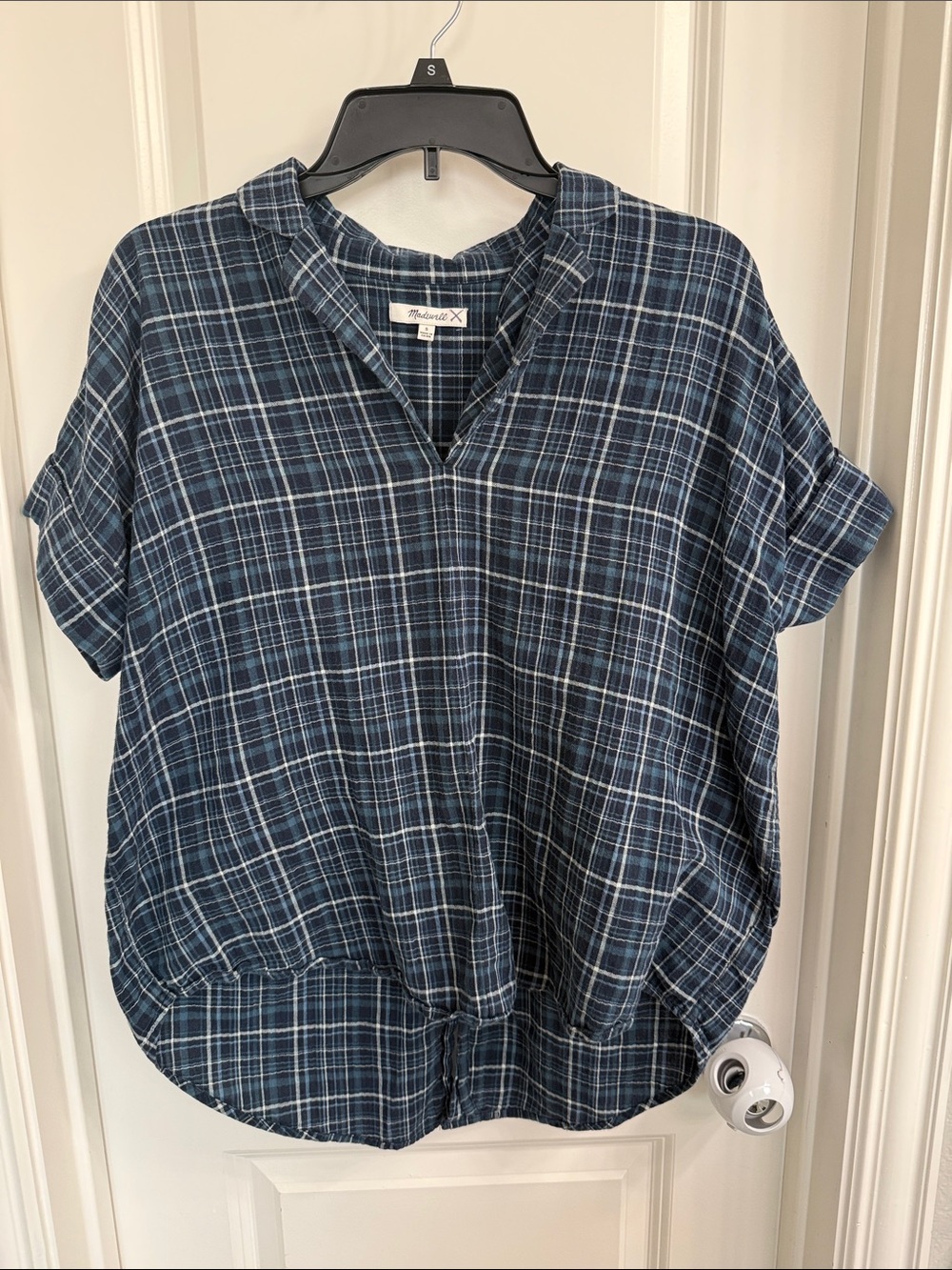 Madewell Navy and White Plaid Short Sleeve Tunic
